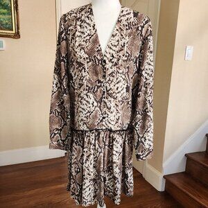 Boho Dress Brown Snakeskin Print Pullover Long Sleeve Knee Length Size M/L